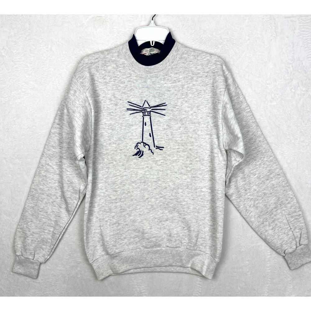 Vintage Orvis Sweater Mens Small Gray‎ Made In USA Crewneck Blue Lighthouse